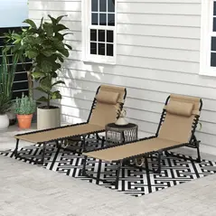 Outsunny Portable Sun Lounger Set of 2, Folding Camping Bed Cot, Reclining Lounge Chair 5-position Adjustable Backrest with Side Pocket, Pillow for Patio Garden Beach Pool, Beige - 2