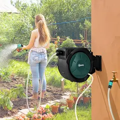 Outsunny Retractable Hose Reel Wall Mounted, 30+2m Garden Hose Pipe Reel with Lock, Auto Rewind, 7 in 1 Spray Nozzle, Includes Wall Fixings, 180° Swivel, Outdoor Watering, 59 x 23 x 42 cm, Green - 2