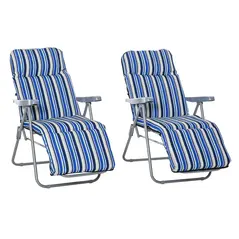 Outsunny Reclining Garden Chair Set of 2, 5-Level Adjustable Zero Gravity Chairs with Cushions, Folding Sun Lounger Garden Recliner Chairs with Armrests for Outdoor, Patio, Blue Stripe - 1