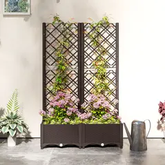 Outsunny Raised Garden Bed with Trellis, Plastic Planter Box with Drainage Holes, Drain Plugs and Water Reservoirs for Climbing Plants, Vegetables, Flowers, Brown - 9