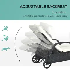 Outsunny Rattan Sun Lounger, Garden Lounger Recliner with Wheels and Adjustable Backrest, Outdoor Reclining Sunbed Garden Chair with Cushion and Headrest for Patio, Beach, Terrace, Black - 6