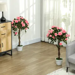 Outsunny Set of 2 Artificial Plants Pink Rose Floral in Pot, Fake Plants for Home Indoor Decor, 90cm - 2