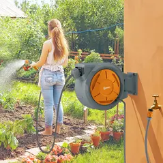 Outsunny Retractable Hose Reel Wall Mounted, 30+2m Garden Hose Pipe Reel with Lock, Auto Rewind, 7 in 1 Spray Nozzle, Includes Wall Fixings, 180° Swivel, Outdoor Watering, 59 x 23 x 42 cm, Orange - 2