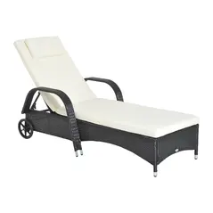 Outsunny Rattan Sun Lounger, Garden Lounger Recliner with Wheels and Adjustable Backrest, Outdoor Reclining Sunbed Garden Chair with Cushion and Headrest for Patio, Beach, Terrace, Black - 1