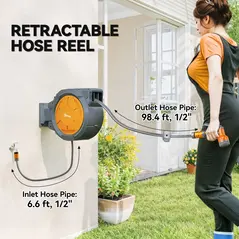 Outsunny Retractable Hose Reel Wall Mounted, 30+2m Garden Hose Pipe Reel with Lock, Auto Rewind, 7 in 1 Spray Nozzle, Includes Wall Fixings, 180° Swivel, Outdoor Watering, 59 x 23 x 42 cm, Orange - 4