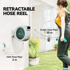 Outsunny Retractable Hose Reel Wall Mounted, 30+2m Garden Hose Pipe Reel with Lock, Auto Rewind, 7 in 1 Spray Nozzle, Includes Wall Fixings, 180° Swivel, Outdoor Watering, 59 x 23 x 42 cm, Grey - 4