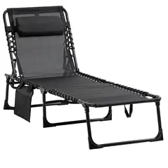 Outsunny Portable Sun Lounger, Folding Camping Bed Cot, Reclining Lounge Chair 5-position Adjustable Backrest with Side Pocket, Pillow for Patio Garden Beach Pool, Black - 1