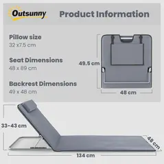 Outsunny Set of 2 Foldable Garden Beach Chair Mat Lightweight Outdoor Sun Lounger Seats Adjustable Back Metal Frame PE Fabric Head Pillow w/ Carry Bag,Grey - 3