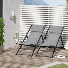 Outsunny Set of 2 Folding Garden Beach Aluminium Frame Deck Chairs Deckchairs Seaside Folding Garden Patio Lounger, Grey - 2