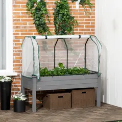 Outsunny Raised Garden Bed Outdoor Elevated Wood Planter Box w/ PE Cover, Dark Grey - 2
