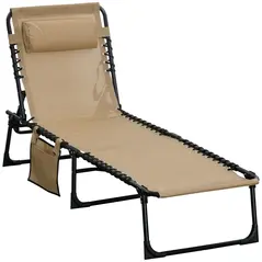 Outsunny Portable Sun Lounger, Folding Camping Bed Cot, Reclining Lounge Chair 5-position Adjustable Backrest with Side Pocket, Pillow for Patio Garden Beach Pool, Beige - 1