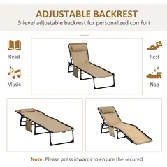 Outsunny Portable Sun Lounger Set of 2, Folding Camping Bed Cot, Reclining Lounge Chair 5-position Adjustable Backrest with Side Pocket, Pillow for Patio Garden Beach Pool, Beige - 4