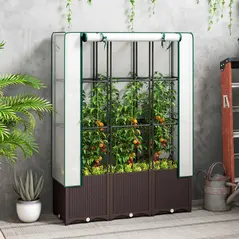 Outsunny Raised Garden Bed with Trellis, Plastic Planter Box with PE Cover, Drainage Holes, Drain Plugs and Water Reservoirs for Climbing Plants, Vegetables, Flowers, 120 x 40 x 140 cm - 2