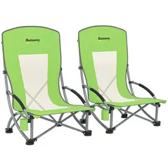 Outsunny Set of 2 Folding Beach Chair, Low Camping Chair with Mesh Back, Carry Bag and Cup Holder for Garden Outdoor Picnic Festival Travel, Green - 1