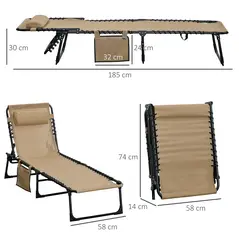 Outsunny Portable Sun Lounger Set of 2, Folding Camping Bed Cot, Reclining Lounge Chair 5-position Adjustable Backrest with Side Pocket, Pillow for Patio Garden Beach Pool, Beige - 3