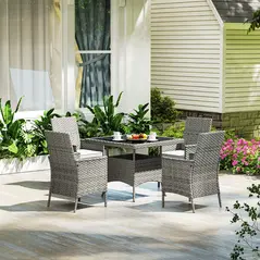Outsunny Rattan Garden Furniture Set, Outdoor Dining Table and Chairs 4 Seater with Cushions, Square Tempered Glass Top, 4 Armchairs, for Balcony, Terrace, Conservatory, Grey - 8