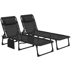 Outsunny Portable Sun Lounger Set of 2, Folding Camping Bed Cot, Reclining Lounge Chair 5-position Adjustable Backrest with Side Pocket, Pillow for Patio Garden Beach Pool, Black - 1