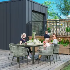 Outsunny Rattan Dining Set, 6 Seater Rattan Garden Furniture Set with Acacia Wood Top Rectangle Table, 6 Chairs, Washable Seat Cushions, for Outdoor, Patio, Conservatory, Grey - 2