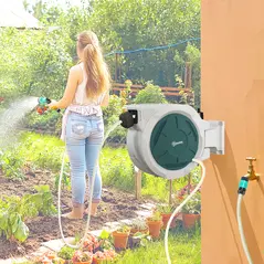 Outsunny Retractable Hose Reel Wall Mounted, 30+2m Garden Hose Pipe Reel with Lock, Auto Rewind, 7 in 1 Spray Nozzle, Includes Wall Fixings, 180° Swivel, Outdoor Watering, 59 x 23 x 42 cm, Grey - 2