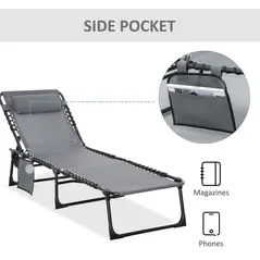 Outsunny Portable Sun Lounger, Folding Camping Bed Cot, Reclining Lounge Chair 5-position Adjustable Backrest with Side Pocket, Pillow for Patio Garden Beach Pool, Grey - 7