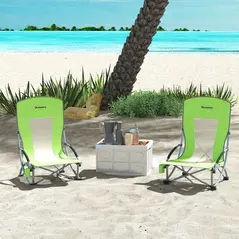 Outsunny Set of 2 Folding Beach Chair, Low Camping Chair with Mesh Back, Carry Bag and Cup Holder for Garden Outdoor Picnic Festival Travel, Green - 2