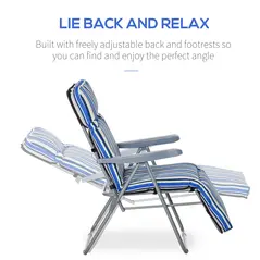 Outsunny Reclining Garden Chair Set of 2, 5-Level Adjustable Zero Gravity Chairs with Cushions, Folding Sun Lounger Garden Recliner Chairs with Armrests for Outdoor, Patio, Blue Stripe - 6