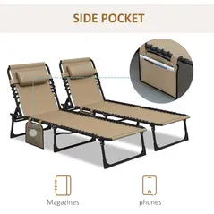 Outsunny Portable Sun Lounger Set of 2, Folding Camping Bed Cot, Reclining Lounge Chair 5-position Adjustable Backrest with Side Pocket, Pillow for Patio Garden Beach Pool, Beige - 7