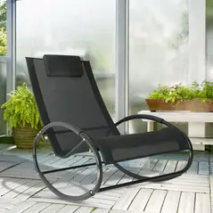Outsunny Rocking Chair Sun Lounger Recliner Rocker Texteline Fabric Patio Garden Relaxer with Pillow, Black - 2