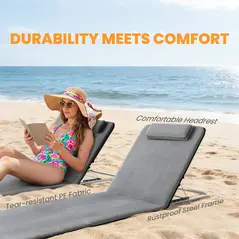 Outsunny Set of 2 Foldable Garden Beach Chair Mat Lightweight Outdoor Sun Lounger Seats Adjustable Back Metal Frame PE Fabric Head Pillow w/ Carry Bag,Grey - 6