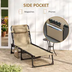 Outsunny Portable Sun Lounger, Folding Camping Bed Cot, Reclining Lounge Chair 5-position Adjustable Backrest with Side Pocket, Pillow for Patio Garden Beach Pool, Beige - 7