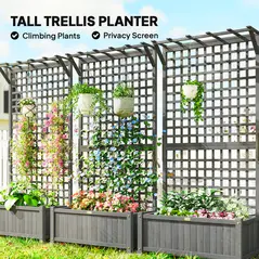 Outsunny Raised Bed with Drainage Holes, Wood Planter with Trellis for Climbing Plants to Grow Vegetables, Flowers, Dark Grey - 4
