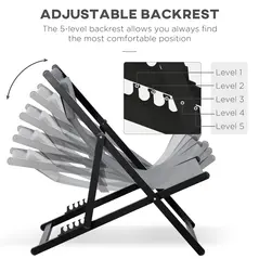 Outsunny Set of 2 Folding Garden Beach Aluminium Frame Deck Chairs Deckchairs Seaside Folding Garden Patio Lounger, Grey - 5