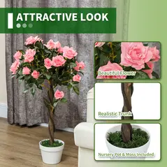 Outsunny Set of 2 Artificial Plants Pink Rose Floral in Pot, Fake Plants for Home Indoor Decor, 90cm - 5
