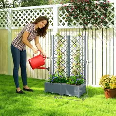 Outsunny Raised Garden Bed with Trellis, Plastic Planter Box with Drainage Holes, Drain Plugs and Water Reservoirs for Climbing Plants, Vegetables, Flowers, Grey - 3