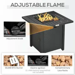 Outsunny Rattan-style Propane Gas Fire Pit Table with 40,000 BTU Burner, Square Smokeless Firepit Patio Heater with Thermocouple, Lava Rocks, Waterproof Cover, Spark Guard and Lid, Black - 5