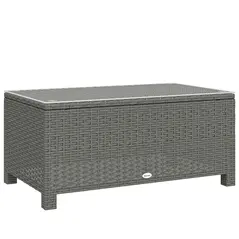 Outsunny Rattan Garden Coffee Table with Glass Top, Light Grey - 1