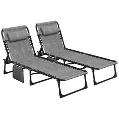 Outsunny Portable Sun Lounger Set of 2, Folding Camping Bed Cot, Reclining Lounge Chair 5-position Adjustable Backrest with Side Pocket, Pillow for Patio Garden Beach Pool, Mixed Grey - 1