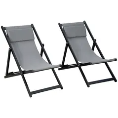 Outsunny Set of 2 Folding Garden Beach Aluminium Frame Deck Chairs Deckchairs Seaside Folding Garden Patio Lounger, Grey - 1