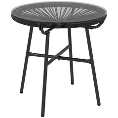 Outsunny Rattan Side Table, Round Outdoor Coffee Table, with Round PE Rattan and Tempered Glass Tabletop for Patio, Garden, Balcony, Black - 1