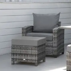 Outsunny Rattan Footstool Wicker Ottoman with Padded Seat Cushion Outdoor Patio Furniture for Garden Poolside Living Room, 50 x 50 x 35 cm, Grey - 2