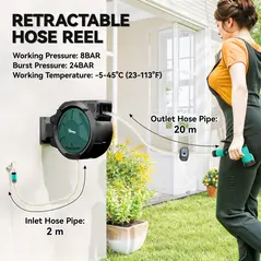 Outsunny Retractable Hose Reel Wall Mounted, 20+2m Garden Hose Pipe Reel with Lock, Auto Rewind, 7 in 1 Spray Nozzle, Includes Wall Fixings, 180° Swivel, Outdoor Watering, 59 x 20 x 39 cm, Black - 4