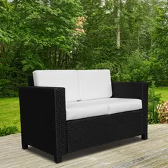 Outsunny Rattan Sofa, 2 Seater Garden Furniture with Soft Padded Cushion and Armrests, Wicker Garden Loveseat for Patio, Black - 2