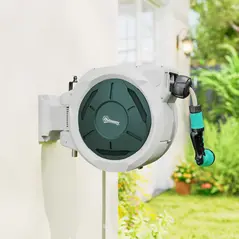 Outsunny Retractable Hose Reel Wall Mounted, 30+2m Garden Hose Pipe Reel with Lock, Auto Rewind, 7 in 1 Spray Nozzle, Includes Wall Fixings, 180° Swivel, Outdoor Watering, 59 x 23 x 42 cm, Grey - 9