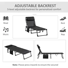 Outsunny Portable Sun Lounger Set of 2, Folding Camping Bed Cot, Reclining Lounge Chair 5-position Adjustable Backrest with Side Pocket, Pillow for Patio Garden Beach Pool, Black - 4
