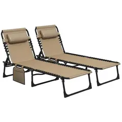 Outsunny Portable Sun Lounger Set of 2, Folding Camping Bed Cot, Reclining Lounge Chair 5-position Adjustable Backrest with Side Pocket, Pillow for Patio Garden Beach Pool, Beige - 1