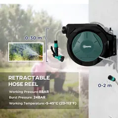 Outsunny Retractable Hose Reel Wall Mounted, 30+2m Garden Hose Pipe Reel with Lock, Auto Rewind, 7 in 1 Spray Nozzle, Includes Wall Fixings, 180° Swivel, Outdoor Watering, 59 x 23 x 42 cm, Green - 4