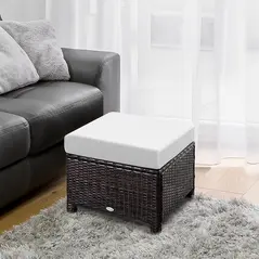 Outsunny Rattan Footstool Wicker Ottoman with Padded Seat Cushion Outdoor Patio Furniture for Garden Poolside Living Room, 50 x 50 x 35 cm, Brown - 2