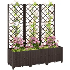 Outsunny Raised Garden Bed with Trellis, Plastic Planter Box with Drainage Holes, Drain Plugs and Water Reservoirs for Climbing Plants, Vegetables, Flowers, Brown - 1