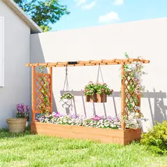 Outsunny Raised Planter with Trellis, Wooden Raised Bed for Garden with Hanging Roof and Drainage Holes, Outdoor Planter Box - 2