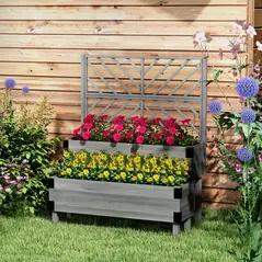 Outsunny Raised Garden Bed with Trellis, 2-Tier Wooden Elevated Planter Box  for Vegetables, Flowers, Herbs, Grey - 2